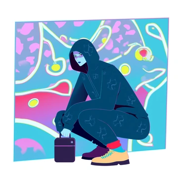 A skilled thief dressed in dark, form-fitting clothing that features a pattern mimicking the vibrant colors and shapes of an urban mural. The thief is crouched low against the wall, blending seamlessly into the artwork behind them, which displays a mixture of bold colors such as bright blue, pink, and yellow, along with abstract shapes and intricate designs. The thief has a hood pulled over their head, partially obscuring their face, and they are holding a small black backpack. The scene captures the tension and stealth of the moment, as the urban environment buzzes with energy around them.