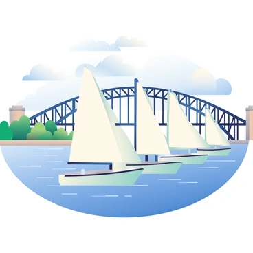 A group of white sailboats is gliding across the water in Sydney Harbour. Each sailboat has its sails unfurled, catching the wind as they move gracefully. In the background, the iconic Sydney Harbour Bridge arches over the harbour, with its steel structure clearly visible. The sky is partly cloudy, allowing sunlight to filter through and cast reflections on the water's surface. The water is a vibrant blue, gently rippling under the breeze. In the distance, a few green trees line the shore, adding a touch of nature to the urban scene.