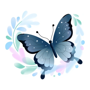 A delicate butterfly with intricate wings patterned like a "starry constellation" is perched on a "soft pastel flower." The wings exhibit a blend of "deep navy and shimmering silver," resembling a night sky filled with stars. Surrounding the butterfly are "delicate green leaves" that enhance its ethereal appearance. The background features a subtle gradient of "gentle pastel colors," creating a serene atmosphere.