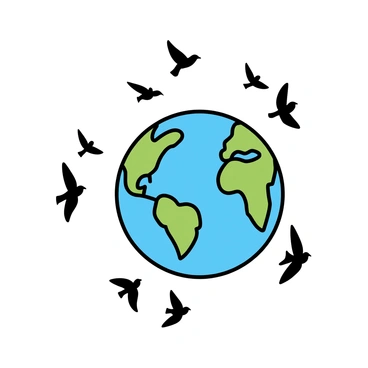 A simple Earth globe positioned at the center of the image, showcasing blue oceans and green continents. Surrounding the globe, a flock of black silhouettes of birds in various flying poses. The birds are in motion, creating a sense of dynamism, some soaring high while others are lower and closer to the globe. The overall scene conveys a sense of unity between nature and the planet.