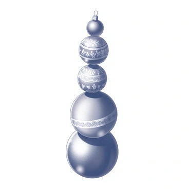 A stack of spherical Christmas ornaments balanced vertically. Each ornament is adorned with intricate patterns and designs. The ornaments vary in size, with the largest at the bottom and progressively smaller ones stacked on top. The texture of the ornaments is shiny, reflecting light. The scene captures the careful balance and stability of the arrangement. The background remains simple to emphasize the stack.