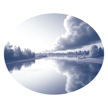 A river flows gently, its surface mirroring the contrasting sky above. On one side, the sky is clear with bright, open spaces, while on the other, dark storm clouds loom ominously. The riverbanks are lined with lush vegetation, which adds depth to the composition. The reflection on the water showcases the dramatic split between tranquility and turmoil, capturing the essence of the opposing weather conditions.