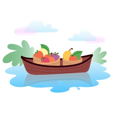 A small boat is floating gently on a calm lake. The boat is made of wood and has a rustic appearance, with a few baskets placed inside. Each basket is filled with a variety of fruits, including apples, oranges, and bananas, showcasing their vibrant colors. The lake reflects the soft gradient pastel colors of the sky above, creating a peaceful atmosphere around the scene. Lush greenery surrounds the edges of the lake, adding to the tranquility of the setting.