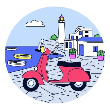 A moped parked in a charming seaside village with boats and a lighthouse in view