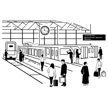A busy railway station filled with passengers and activity. In the foreground, a group of travelers is standing on the platform, some with luggage in hand, waiting for their trains. A large clock hangs above, displaying the time. Multiple trains, varying in size and design, are positioned on the tracks, with some doors open and people boarding. The architecture of the station features high ceilings with large glass windows, allowing light to flood the interior. A ticket kiosk is visible, with a staff member assisting customers. A digital display board shows train schedules and destinations.