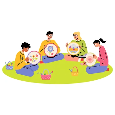A group of five friends sitting in a circle on a grassy field. Each friend has a colorful embroidery hoop in hand. The first friend, a girl with curly brown hair, focuses on a floral design with bright red and yellow threads. The second friend, a boy with short black hair, is stitching a geometric pattern in shades of blue and green. The third friend, a girl with long blonde hair, is working on a landscape scene featuring a sunset with orange and purple hues. The fourth friend, a boy with glasses, is carefully embroidering a cute animal design in pastel colors. The fifth friend, a girl with a ponytail, is adding intricate details to a mandala in vibrant colors. They are surrounded by small baskets filled with colorful threads and scissors, creating a lively and artistic atmosphere.