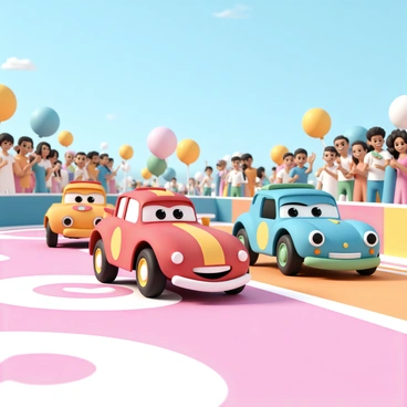 A scene featuring multiple cartoon cars racing on a vibrant and colorful track. The cars are designed with exaggerated features, including large eyes and bright color schemes. One car, painted in bright red with yellow racing stripes, is leading the race with a determined expression. Another car, a cheerful blue with green accents, is close behind, its wheels spinning furiously. The track is filled with bold colors, with sections of swirling patterns in pink, orange, and yellow. In the background, there are cheering spectators made up of various quirky characters, giving the scene an energetic atmosphere. The sky above is a clear blue, adding to the cheerful, lively ambiance of the racing event.