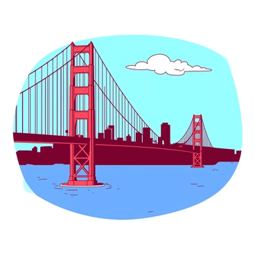 A red Golden Gate Bridge stretches majestically across the bay. The bridge’s towers rise high above the water, with intricate cables forming a lattice pattern. In the background, the San Francisco cityscape is visible, featuring tall buildings and distinctive architecture. The skyline is detailed against a clear blue sky, with a few fluffy white clouds scattered above. The water below gently reflects the colors of the scene, adding depth to the image.