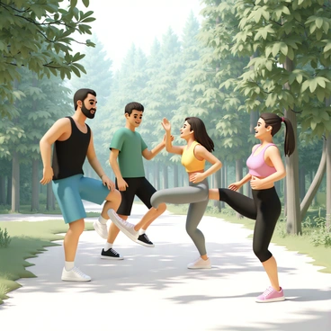 A group of four friends, two men and two women, are performing hip thrusts in a scenic forest clearing. One man, wearing a black tank top and blue shorts, is encouraging a woman, who is dressed in a pink sports bra and gray leggings, as she lifts her hips off the ground. The second man, in a green t-shirt and black shorts, is cheering for another woman, who is wearing a yellow tank top and black leggings, while she performs her exercise. Sunlight filters through the trees, casting dappled shadows on the ground and highlighting the friends' expressions of determination and camaraderie. The forest is lush with greenery, creating a vibrant and energetic atmosphere for their workout.