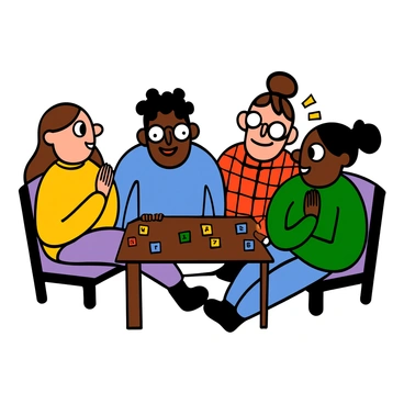 A group of four friends sitting around a coffee table, laughing and enjoying a word game with colorful letter tiles scattered across the table. There is a light-skinned woman with big eyes and long brown hair wearing a yellow sweater, a dark-skinned man with big eyes and short curly hair wearing a blue t-shirt, a light-skinned man with big eyes and glasses wearing a red flannel shirt, and a dark-skinned woman with big eyes and braided hair wearing a green blouse. They are leaning towards each other, sharing smiles and playful banter, creating an atmosphere of joy and camaraderie.
