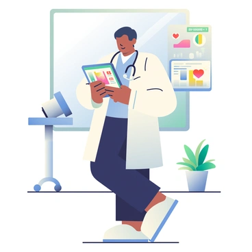 A doctor with olive skin and short black hair is standing in a modern clinic, focused on an AI-powered tablet. The tablet displays colorful graphics illustrating patient diagnosis and health data. The doctor is wearing a white lab coat over a light blue shirt and dark pants. A stethoscope hangs around their neck. In the background, there are sleek medical equipment and a large window allowing natural light to enter the room. A potted plant adds a touch of greenery to the clinical environment. The atmosphere is bright and organized, reflecting a high-tech medical facility.
