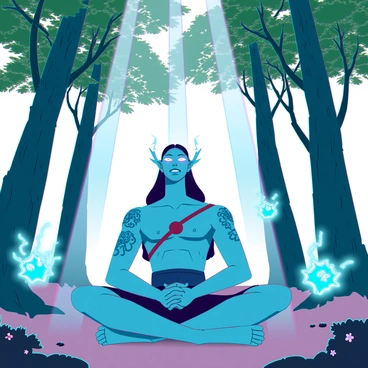 A powerful figure resembling Sukuna, with multiple eyes and intricate tattoos covering his body, is seated cross-legged in a detailed forest. The trees are tall, with vivid green leaves and textured bark, creating a dense canopy overhead. Soft beams of light filter through the foliage, illuminating the area around him. Glowing spirits, each with ethereal forms and gentle light radiating from their bodies, are floating around him, creating a mystical atmosphere. The ground is covered with soft moss and delicate flowers, adding to the tranquility of the scene.