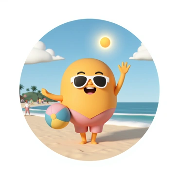A Jollibee character, wearing stylish sunglasses and a bright red and yellow outfit, is happily standing on a sandy beach. The character is holding a colorful beach ball in one hand while waving with the other hand. The sun is shining brightly in the clear blue sky, and there are a few fluffy white clouds scattered. In the background, gentle waves are rolling onto the shore, and a few beachgoers can be seen enjoying the summer day.