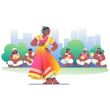 A vibrant scene featuring a traditional Indian dance performance taking place in Bangalore. In the foreground, a dancer with deep brown skin is performing, dressed in an intricate, colorful costume that includes a bright red and gold saree with detailed embellishments. Her posture is expressive, showcasing the grace of the dance. Surrounding her are several musicians playing traditional instruments like the tabla and flute, adding rhythm to the performance. Behind them, an audience is seated on the grassy area, captivated by the performance, with a backdrop of Bangalore's iconic architecture, including lush trees and hints of urban buildings. The setting reflects a lively atmosphere filled with energy and cultural richness.