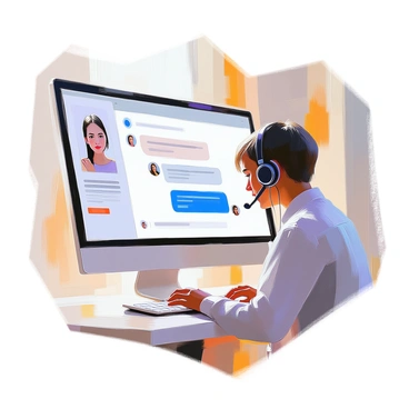 A live web chat interface is displayed on a computer screen, showcasing a conversation between a support agent and a customer. The support agent, a person with medium skin tone and short brown hair, is wearing a headset and appears focused while typing a response. The customer, visible through a thumbnail image, has light skin and long dark hair, looking thoughtful as they read the messages. The chat interface has two distinct message bubbles, one for the agent and one for the customer, with the agent's messages in blue and the customer's in gray. A progress bar indicating typing status is visible beneath the agent's message bubble. The background suggests a modern workspace, with soft lighting illuminating the scene.