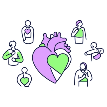 A graphic depicting the warning signs of a heart attack on a clean background. At the center, there is a large heart symbol that is outlined in green and purple. Surrounding this heart, there are five distinct icons, each representing a warning sign. The first icon shows a figure clutching their chest, the second icon displays a person radiating pain from their arm, the third icon presents a depiction of shortness of breath with a figure taking deep breaths, the fourth icon illustrates nausea with a stylized stomach symbol, and the fifth icon represents lightheadedness with a figure appearing dizzy. Each icon is distinctly outlined in the same green and purple color scheme, providing a cohesive design.