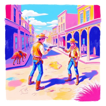 A classic Wild West standoff takes place in a dusty street surrounded by wooden buildings. Two cowboys face each other, each with a revolver drawn and aimed. The first cowboy, wearing a wide-brimmed hat and a leather vest, stands confidently with a determined expression. The second cowboy, dressed in a checkered shirt and bandana, mirrors his stance, ready for action. Dust swirls around their feet, and the sun casts long shadows on the ground. In the background, a horse tied to a hitching post waits, and a tumbleweed rolls gently across the scene.