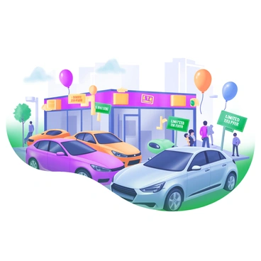 A bustling street corner featuring a car dealership filled with various colorful balloons tied to signs. The scene includes sales banners displaying bold text such as "Sale!" and "Limited Time Offer!" in bright colors. Several shiny cars are parked prominently in front of the dealership, showcasing different models and colors. People are interacting in the area, some looking at cars while others are chatting, creating a lively atmosphere. The background contains trees and buildings, adding context to the urban environment.