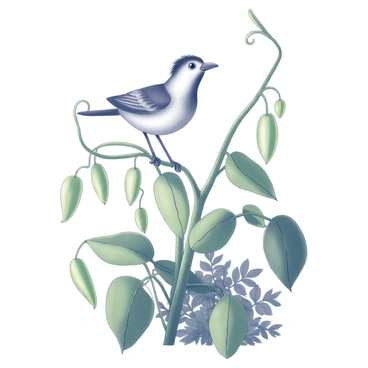 A bird with an inquisitive expression is perched on a green bean plant. The plant has long, slender stems and broad leaves, displaying the tendrils reaching outwards. The bird, with its feathers ruffled, is tilting its head slightly to one side as it watches the small, developing beans hanging from the plant. The background is filled with more lush foliage, creating a sense of a thriving garden environment.