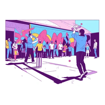 A street cricket match is in progress in front of a colorful wall covered in vibrant graffiti. Two players are actively engaged, with one bowler in a bright blue shirt delivering the ball while the batter, wearing a contrasting yellow shirt, stands ready to hit. A small crowd of spectators, wearing casual clothing, is gathered around, eagerly watching the game. The sun casts shadows on the players, and the textures of the graffiti add depth to the scene, showcasing intricate designs and bold colors in the background. The atmosphere is lively, filled with energy and excitement.