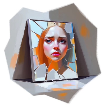A cracked mirror is positioned against a dimly lit wall, with shards of glass creating jagged fragments. Each fracture reflects a distorted version of a face, showing expressions of apprehension and unease. The face has deep-set eyes and furrowed brows, conveying a sense of anxiety. The surrounding area is shadowy, enhancing the tension in the scene. The light catches the edges of the broken glass, highlighting the irregularities while the overall atmosphere feels heavy and charged with emotion.