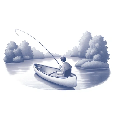 A person sitting in a canoe, casting a fishing line into a river. The canoe floats gently on the water's surface. Surrounding the river, there are dense clusters of trees and bushes, creating a natural frame. The person is focused on fishing, with a fishing rod held in one hand while the other supports the canoe's edge. The water reflects the greenery, enhancing the peaceful atmosphere of the scene.