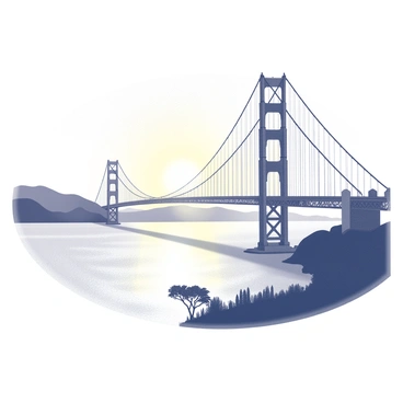 A detailed depiction of the "Golden Gate Bridge" amidst a sunrise setting. The bridge spans across the water, with its iconic towers prominently rising into the sky. The sun is positioned low on the horizon, casting elongated shadows and creating a gradient effect in the sky. The water below reflects the shape of the bridge and the light from the rising sun. In the foreground, there are silhouettes of nearby hills and trees, adding depth to the scene.