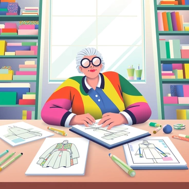 Iris Apfel, an elderly woman with white hair styled in a unique way, is sitting at a large wooden table in a creative studio. She is wearing oversized round glasses and a colorful outfit made from mixed patterns. In front of her, there are numerous sheets of paper covered with intricate fashion designs. Surrounding the table are shelves filled with vibrant fabrics in a variety of colors, patterns, and textures. Sunlight streams through a large window, illuminating the space and casting soft shadows. Various tools for sketching, including pencils and markers, are scattered across the table, alongside a sketchbook opened to a partially completed design.