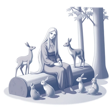 A figure resembling "Galadriel" sits calmly on a moss-covered log in a forest clearing. She has long flowing hair, and her expression is gentle and welcoming. Around her, various woodland creatures are gathered in a circle, including a deer, rabbits, and a few small birds. The animals appear relaxed, some leaning closer to her, while others are playfully interacting with one another. Sunlight filters through the tree canopy above, casting soft shadows on the ground, enhancing the tranquil atmosphere of the scene.