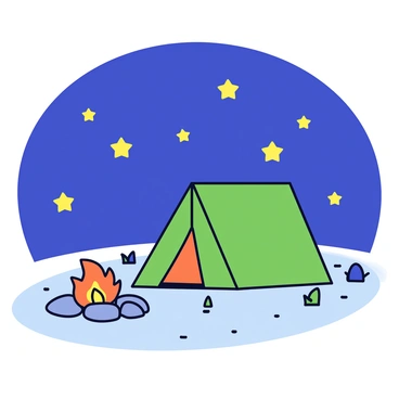 A camping scene features a small green tent pitched on the ground. The tent has a triangular shape and a contrasting orange entrance. Nearby, there is a campfire with glowing orange flames, surrounded by several smooth stones arranged in a circle. Above, a dark blue sky filled with bright, twinkling stars creates a backdrop, adding to the tranquil atmosphere. The ground is covered with patches of grass and a few scattered leaves.
