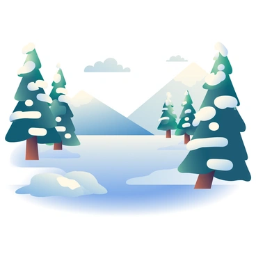 A picturesque winter scene features tall, snow-covered trees, their branches heavy with white snow, surrounding a frozen lake. The lake's surface is smooth and glistens under the soft winter sunlight, reflecting the blue sky above. In the foreground, there are small, snowdrifts leading to the edge of the lake. A few distant mountains, capped with snow, are visible in the background. The atmosphere suggests a calm and tranquil winter day, with a few fluffy clouds scattered in the sky.