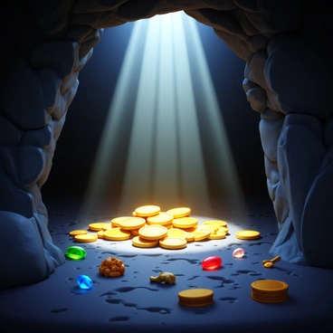 Light beams piercing through cracks in a dark cave, creating bright streaks that illuminate gold coins, sparkling jewels, and ancient artifacts scattered across the rocky ground. The walls of the cave are rugged and wet, with shadows dancing around the treasures. The colors of the gems twinkle in the light, showcasing deep reds, vibrant greens, and brilliant blues.