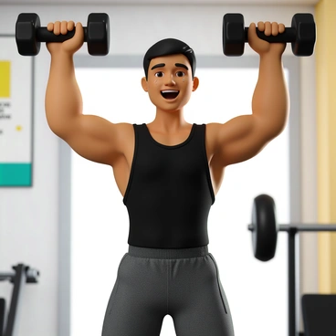 A person with a muscular build and short hair, wearing a fitted black tank top and gray workout shorts. They are in a brightly lit gym with exercise equipment in the background. The individual has a joyful expression, with arms raised in celebration, holding a dumbbell in each hand. Their posture is upright, showcasing confidence and accomplishment. Sweat glistens on their forehead, indicating the effort put into their workout. A motivational poster is visible on the wall behind them, adding to the celebratory atmosphere.