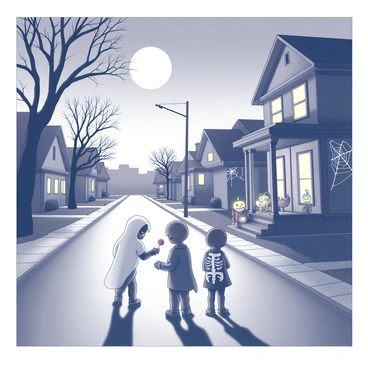 A street during the evening hours, illuminated by the light of a full moon. Shadows stretch along the pavement, hinting at the eeriness of the scene. Children, dressed in various costumes, are seen collecting candy from houses. One child is wearing a ghost costume made from a white sheet, while another is dressed as a skeleton with detailed bone patterns. A group of children is gathered in front of a house with carved pumpkins glowing on the porch. The houses lining the street have decorations such as cobwebs and plastic spiders, enhancing the spooky atmosphere. Trees sway gently in the wind, their branches bare and silhouetted against the night sky.