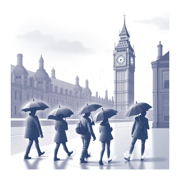 A rainy day scene in London. Several people are seen walking along a street, each holding umbrellas of various sizes and designs. They navigate the wet pavement, splashes of water forming around their feet. In the background, the iconic silhouette of "Big Ben" towers above the scene, partially obscured by gray clouds and gentle rain. The buildings lining the street are detailed, featuring traditional architecture with large windows and decorative elements. The atmosphere is dynamic with the movement of the crowd amidst the rain.
