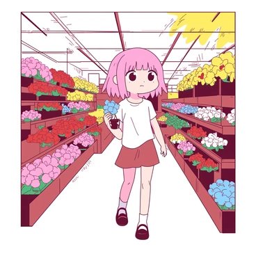 A pink-haired girl named "Nobara" is walking through a garden center, surrounded by rows of colorful flowers. She is wearing a casual outfit, and her expression shows curiosity as she examines the vibrant blooms. Various flowers, including red roses and yellow daisies, are displayed on the shelves around her. In her hand, she holds a small pot of a blue flower, contemplating whether to purchase it. The sunlight filters through the canopy above, illuminating the scene with a warm glow.