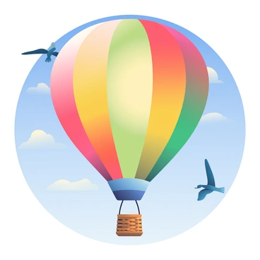 A colorful hot air balloon with vibrant patterns in shades of red, yellow, green, and blue is ascending into a clear blue sky. The balloon features a round, inflated shape with a tightly woven wicker basket hanging below. Sunlight reflects off the smooth surface of the balloon, enhancing its bright colors. The sky is devoid of clouds, providing a perfect backdrop, and a few birds are flying nearby, adding a sense of life to the scene.