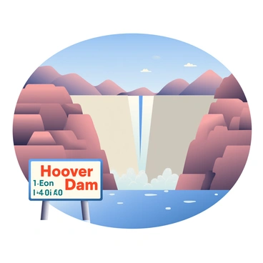 An illustration featuring the Hoover Dam set against a clear blue sky. The dam is depicted in detail, showcasing its massive concrete structure with water flowing over its edge into the river below. In the foreground, a prominent sign with the text “Hoover Dam” is displayed. To the side of the dam, there are various key facts and figures represented visually, such as numbers indicating the dam's height, length, and the amount of water it can hold. Behind the dam, the rugged landscape of the Colorado River is visible, creating a dramatic backdrop that emphasizes the dam's scale and importance.