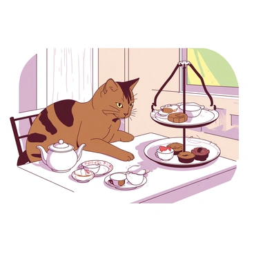 A brown Bengal cat with striking black spots is seated elegantly at a white table set for afternoon tea. The table is adorned with delicate porcelain teacups and a matching teapot, both featuring intricate floral designs. A tiered stand holds an assortment of pastries, sandwiches, and scones. The cat is gazing curiously at a small plate with a piece of cake, while a soft afternoon light filters through a nearby window, casting gentle shadows on the table.