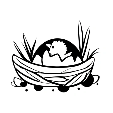 A nest made of twigs and grass filled with broken eggshells scattered around. A tiny chick with fluffy feathers is peeking out from the center of the nest, with its body partially emerging from the shell. The nest is situated in a natural setting, surrounded by soft foliage and a few delicate leaves. Light shadows create depth around the nest, emphasizing the fragile scene.