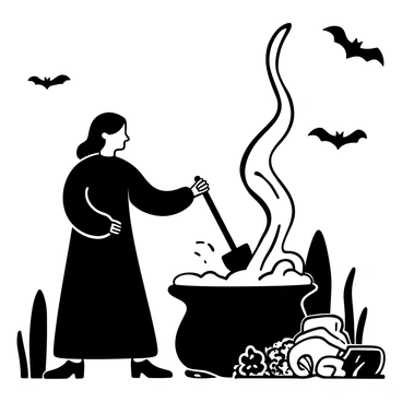 A witch in a long, flowing robe stands over a large, bubbling cauldron. She holds a wooden ladle, stirring the contents with precision. Around the cauldron, wisps of smoke rise, twisting and turning as they form intricate patterns. The smoke appears dense and swirling, emanating a sense of magic. Various herbs and magical ingredients are scattered on the ground near the cauldron, adding to the scene's mystical atmosphere. The witch's hair billows around her as she concentrates on her task. The background features silhouetted trees and silhouettes of bats flying in the distance.