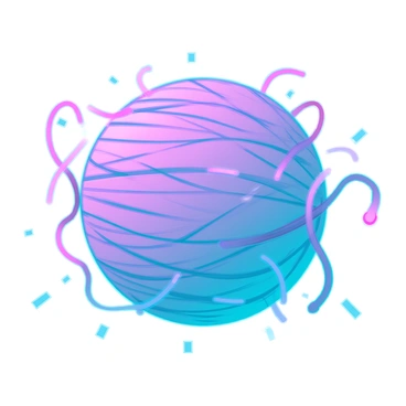 A round ball of yarn in vibrant colors, with various threads sticking out in different directions. The yarn appears fluffy and textured, with strands slightly frizzed due to static electricity. Small sparks of energy can be seen around the threads, illustrating the effect of static charge. The background is simple, ensuring the focus remains on the ball of yarn and its dynamic, charged appearance.