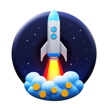 A rocket with a sleek metallic design is launching into outer space. The rocket is surrounded by vibrant flames and smoke as it ignites. Instead of traditional fuel, "cryptocurrencies" are visually represented as glowing coins swirling around the rocket's base, creating a dazzling effect. The backdrop features a deep blue and black starry sky, with distant stars twinkling. The rocket is depicted in a dynamic upward motion, emphasizing the power of its launch.