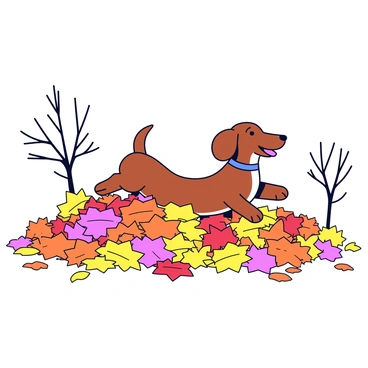 A dachshund with a shiny brown coat is joyfully jumping into a large pile of colorful autumn leaves. The leaves are in vibrant shades of orange, red, and yellow, creating a lively scene. The dachshund has its ears flopped back and its tongue out, capturing the excitement of the moment. The background features a few bare trees with scattered leaves on the ground, emphasizing the autumn season.
