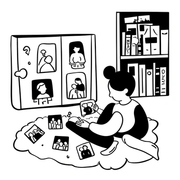 A child sitting on the floor with an old photo album open in front of them. The album is worn, with frayed edges and a textured cover. The pages are filled with faded black-and-white family pictures, depicting various moments of togetherness and celebration. The child has small hands delicately turning the pages, their focus intently fixed on the images. Surrounding the child are scattered photographs, some slightly crumpled, showcasing memories of family gatherings. A cozy room setting is suggested by a soft rug beneath them and a bookshelf filled with other albums and books in the background.