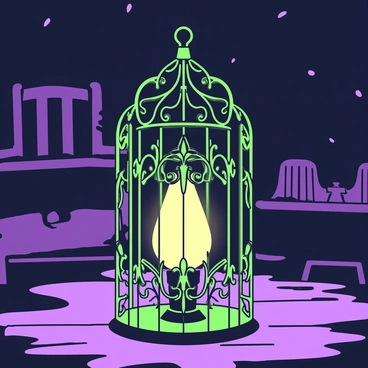 A small, glowing light is enclosed within a metal cage. The cage has intricate, ornate patterns with sharp edges and a rusted appearance. The light emits a warm glow, casting soft shadows on the surrounding surfaces. The room is dark, with rough, uneven walls that seem to absorb the light. In the background, faint outlines of old furniture are visible, partially illuminated by the glow from the cage. The atmosphere is quiet, with a sense of stillness around the isolated source of light.