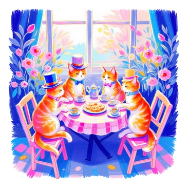 A group of three cats wearing tiny hats and bow ties is gathered around a small, round table set with delicate teacups and a teapot. The first cat has a top hat, while the second cat sports a colorful beanie, and the third is adorned with a straw hat. The table is covered with a checkered tablecloth and is surrounded by blooming flowers in various colors. Sunlight filters through the leaves of nearby trees, casting dappled light over the scene. Each cat is seated on a small cushion, and a small plate of treats sits in the center of the table.