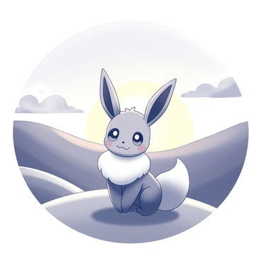 An Eevee sitting on a grassy hilltop. The Eevee has large, expressive eyes and fluffy fur. It is gazing into the distance, its posture relaxed and content. The landscape features rolling hills covered in grass, with the sky above transitioning to the colors of sunset. The sun is low on the horizon, casting a soft light and creating elongated shadows on the ground. Fluffy clouds are scattered across the sky, adding texture to the scene.
