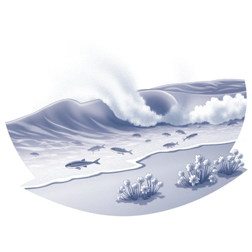 Waves crashing onto the shore create frothy sea foam. Beneath the surface, schools of fish swim gracefully, their bodies glistening as they move among the gentle currents. On the sandy beach, clusters of flowers are scattered, partially submerged in the foam, their delicate petals contrasting with the texture of the waves. The scene captures the movement of nature, with water flowing and flowers gently swaying in its embrace.