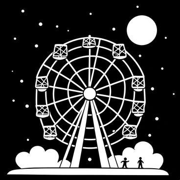 A Ferris wheel with intricate geometric designs, featuring multiple carriages, is prominently displayed against a backdrop of a dark sky filled with stars. The structure is adorned with numerous lights, providing an illuminated effect as it spins. A large, full moon casts a soft glow, enhancing the atmosphere around the Ferris wheel. The ground below is dotted with small figures, adding a sense of scale to the scene.
